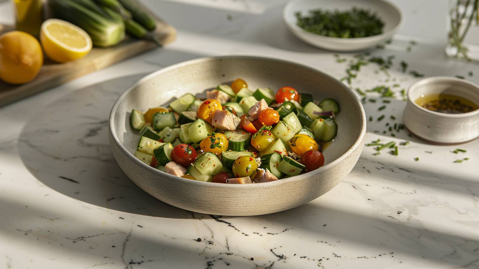 Eine Schüssel mit frischem Salat, bestehend aus gewürfelten Gurken, bunten Kirschtomaten und kleinen Stücken Hähnchenfleisch, ist auf einem Tisch platziert. Im Hintergrund liegen Zitronen und frische Kräuter. Der Salat ist mit Gewürzen garniert.