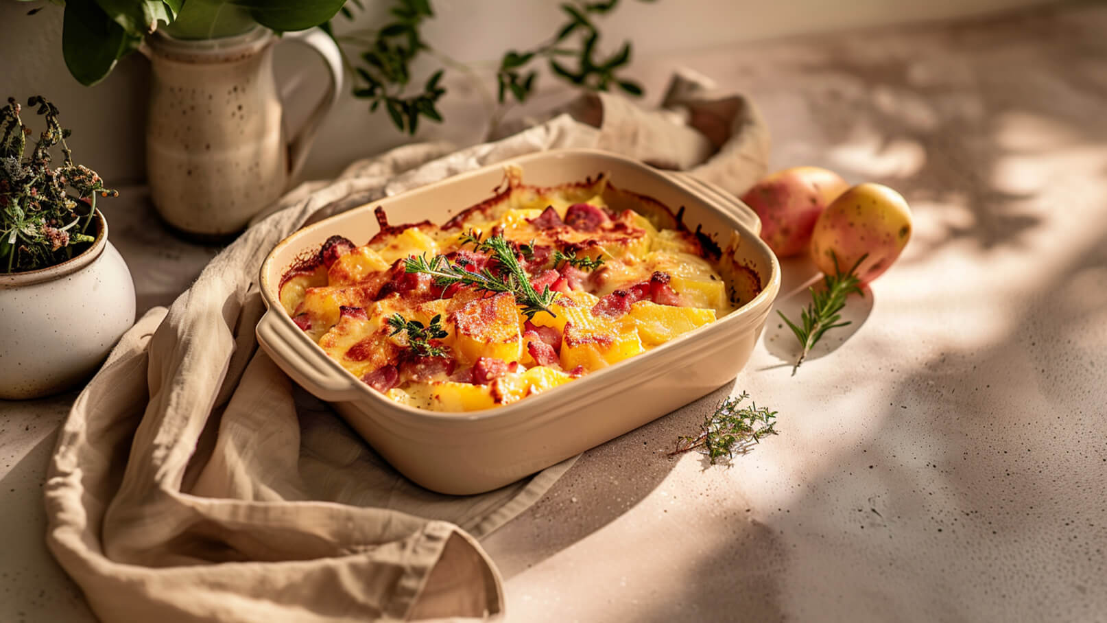 Ein Auflauf mit goldbraunem Käse, Kartoffeln und Schinken wird in einer flachen, beigefarbenen Auflaufform serviert. Frische Kräuter, wie Thymian, sind dekorativ darauf platziert. Im Hintergrund sind einige Kartoffeln und eine Pflanze zu sehen.