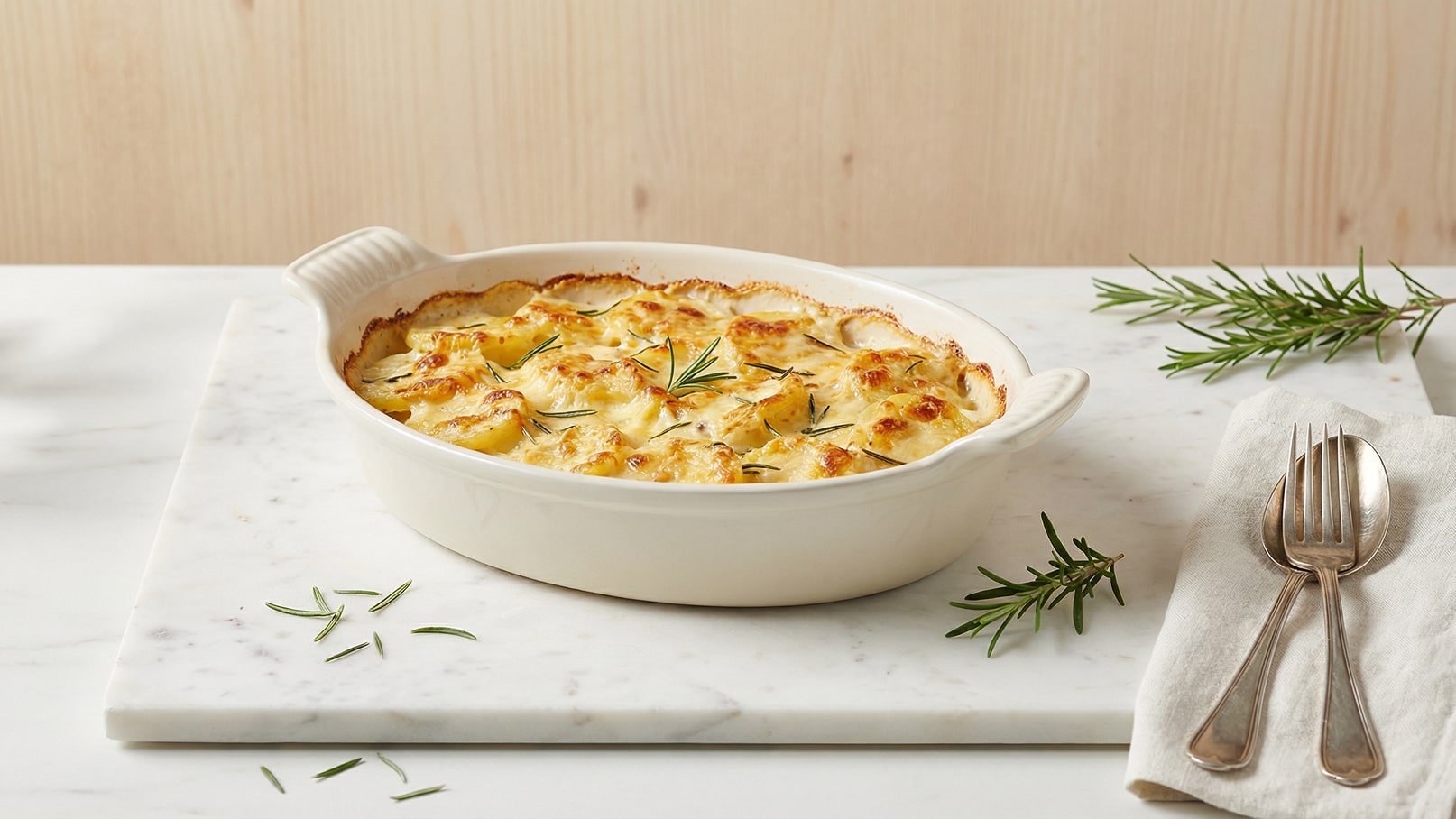 Ein rechteckiges Gericht mit goldbraun überbackenen Kartoffeln, garniert mit Rosmarin, steht auf einem marmorierten Untergrund. Daneben liegen eine Gabel und ein Löffel auf einer Serviette. Der Hintergrund ist aus hellem Holz.
