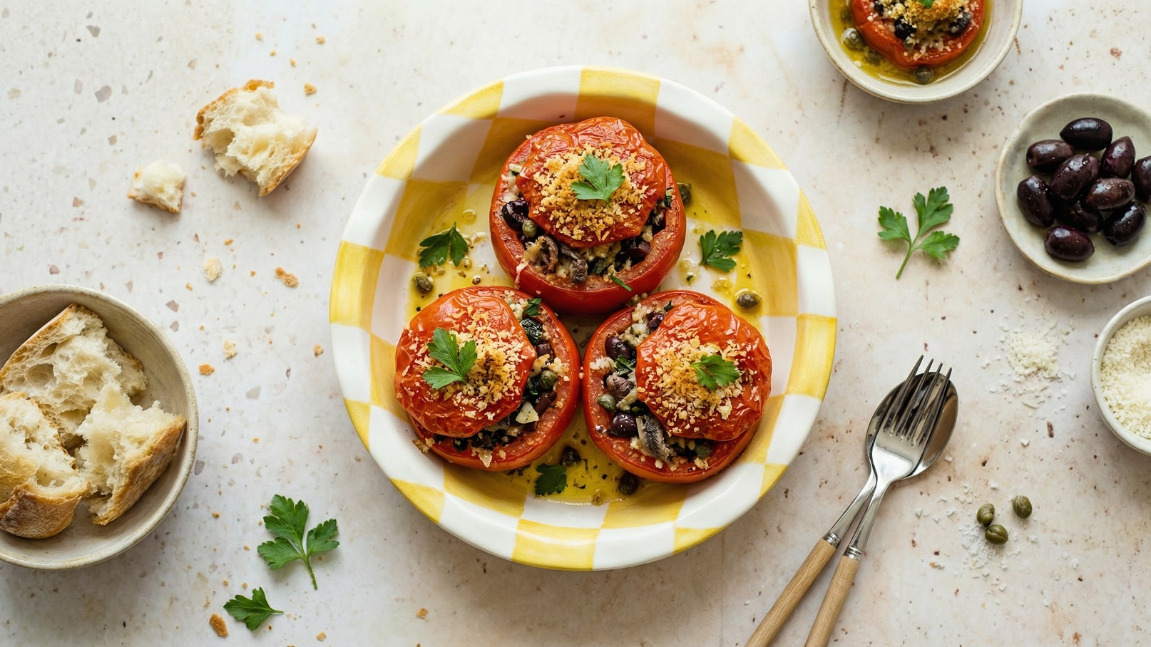 Ein Teller mit gefüllten Tomaten, die mit Brotkrumen und frischer Petersilie garniert sind. Um den Teller liegen schwarze Oliven, Kapern und Parmesan. Einige Stücke Brot sind ebenfalls sichtbar. Der Hintergrund ist hell und schlicht.