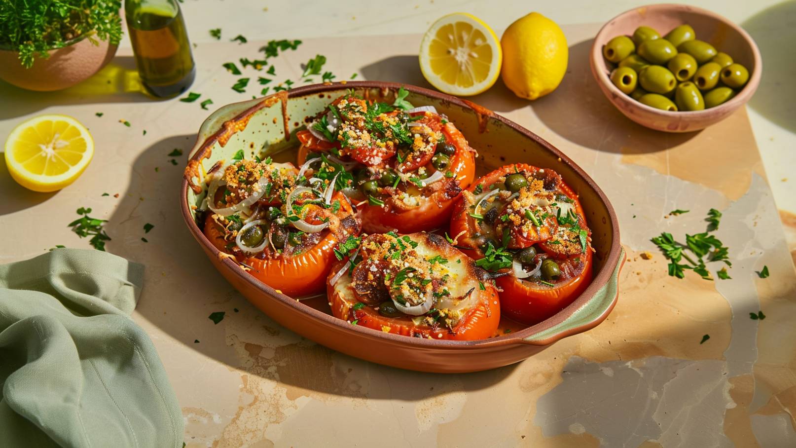 Ein rustikales Gericht in einer Auflaufform: Gefüllte, gebackene Tomaten mit einer Mischung aus Zwiebeln, Kräutern und Oliven. Daneben liegen frische Zitronen und eine Schale mit grünen Oliven. Der Hintergrund ist hell und schlicht, um das Essen hervorzuheben.