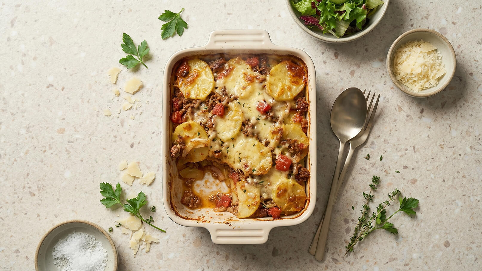 Ein Auflauf aus Fleisch, Kartoffeln und Tomaten, überbacken mit Käse, ist in einer rechteckigen Form angerichtet. Daneben befinden sich eine Schüssel mit grünem Salat und eine mit geriebenem Käse, sowie Besteck und frische Kräuter auf einem hellen Untergrund.