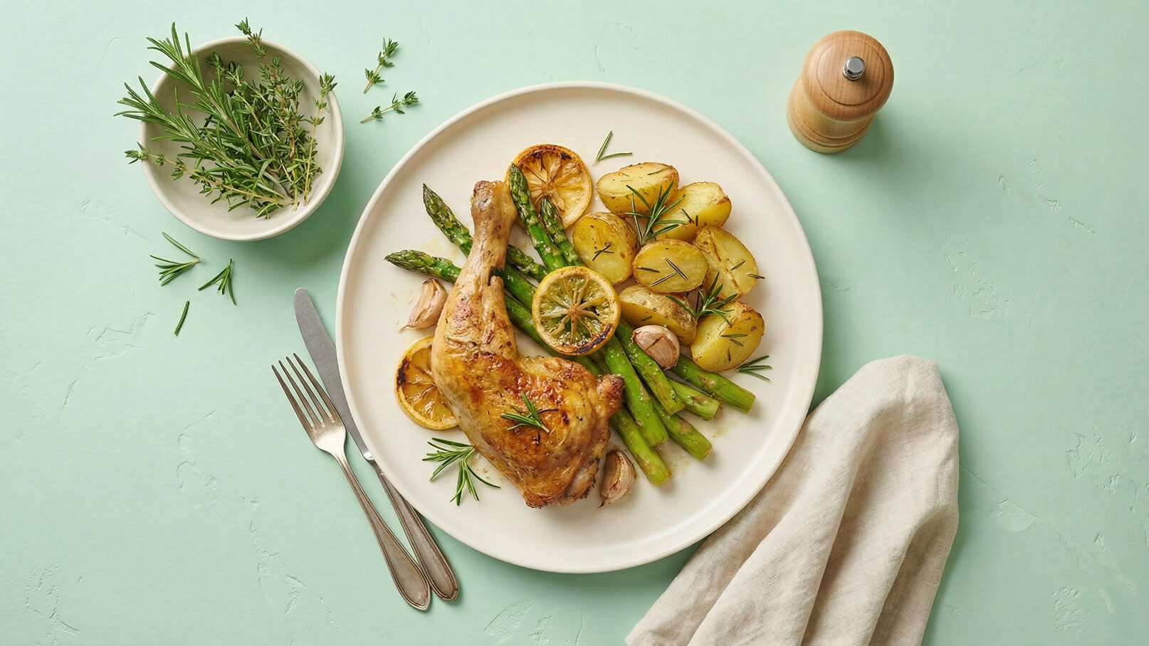 Ein Teller mit gebratenem Hühnchenschenkel, umgeben von Spargel, ofenfrischen Kartoffeln und Zitronenscheiben. Frische Kräuter wie Rosmarin sind dekorativ angerichtet. Im Hintergrund steht eine Pfeffermühle und ein Schälchen mit weiteren Kräutern. Der Hintergrund ist mintgrün.