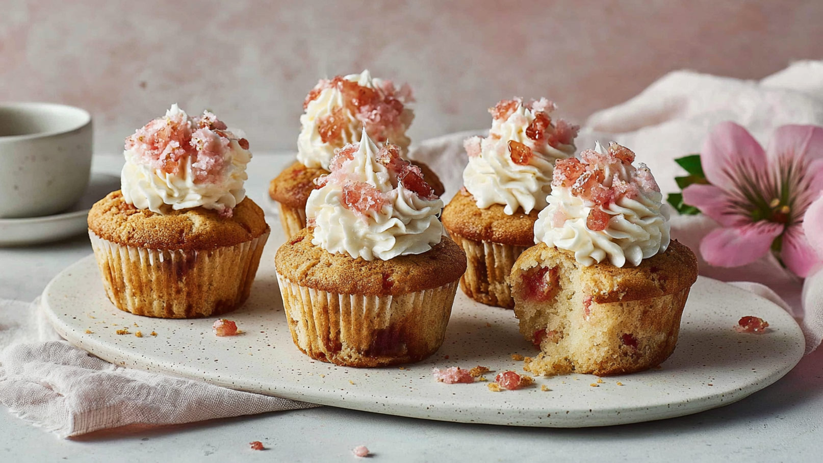 Fünf dekorierte Cupcakes stehen auf einem Teller. Die Cupcakes sind mit weißem Sahne-Topping und rosa Zuckerstückchen verziert. Ein Cupcake ist zur Hälfte aufgebrochen und zeigt das weiche Innere. Im Hintergrund ist ein Blumenmotiv und eine Tasse zu erkennen.