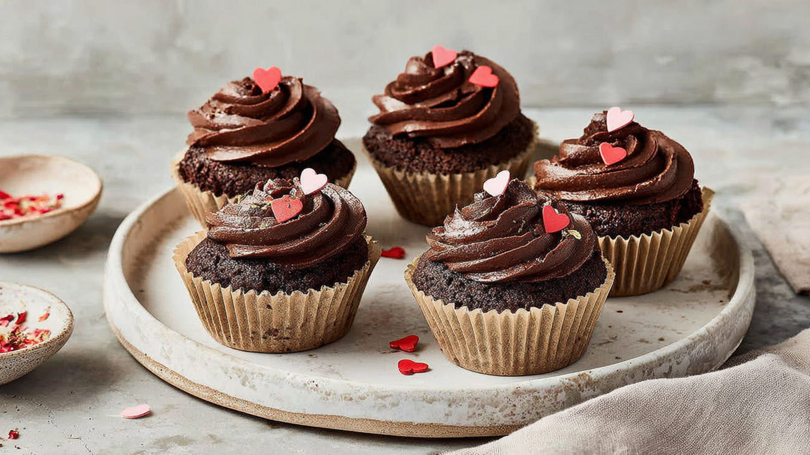 Fünf Schokoladen-Cupcakes stehen auf einem Teller. Sie sind mit einer cremigen Schokoladenglasur verziert und haben kleine Herzchen als Dekoration. Der Teller ist auf einem neutralen Untergrund platziert.