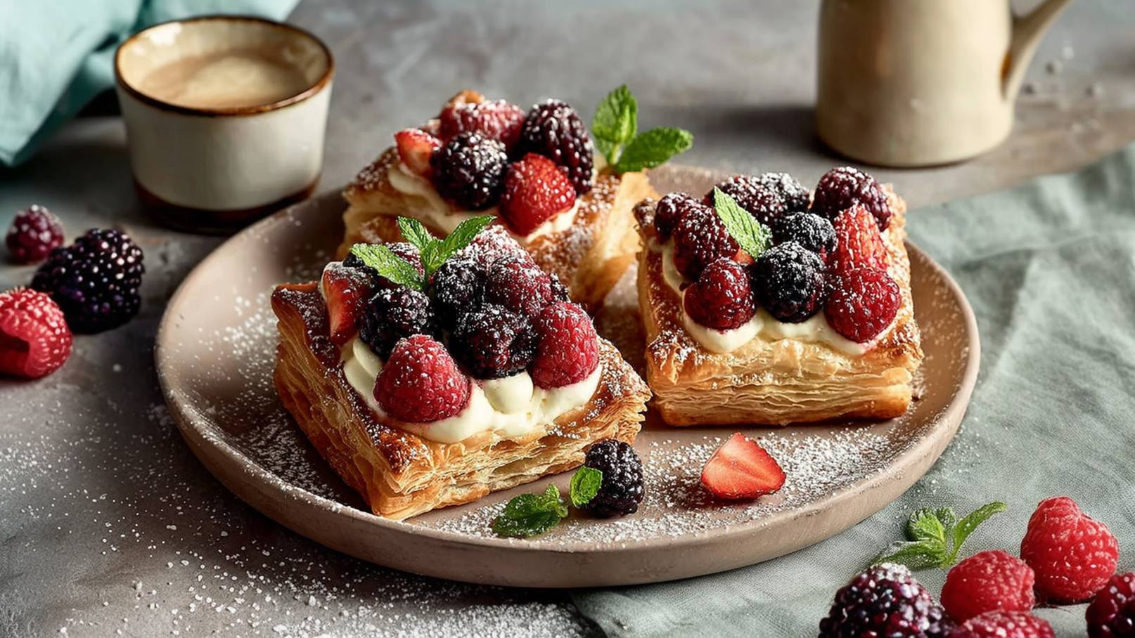 Auf einem Teller liegen drei schichtige Blätterteigtörtchen, gefüllt mit einer cremigen Füllung und belegt mit frischen Beeren, darunter Himbeeren und Brombeeren. Die Törtchen sind leicht mit Puderzucker bestreut und garnierte mit Minzblättern. Im Hintergrund ist eine Tasse Kaffee zu sehen.