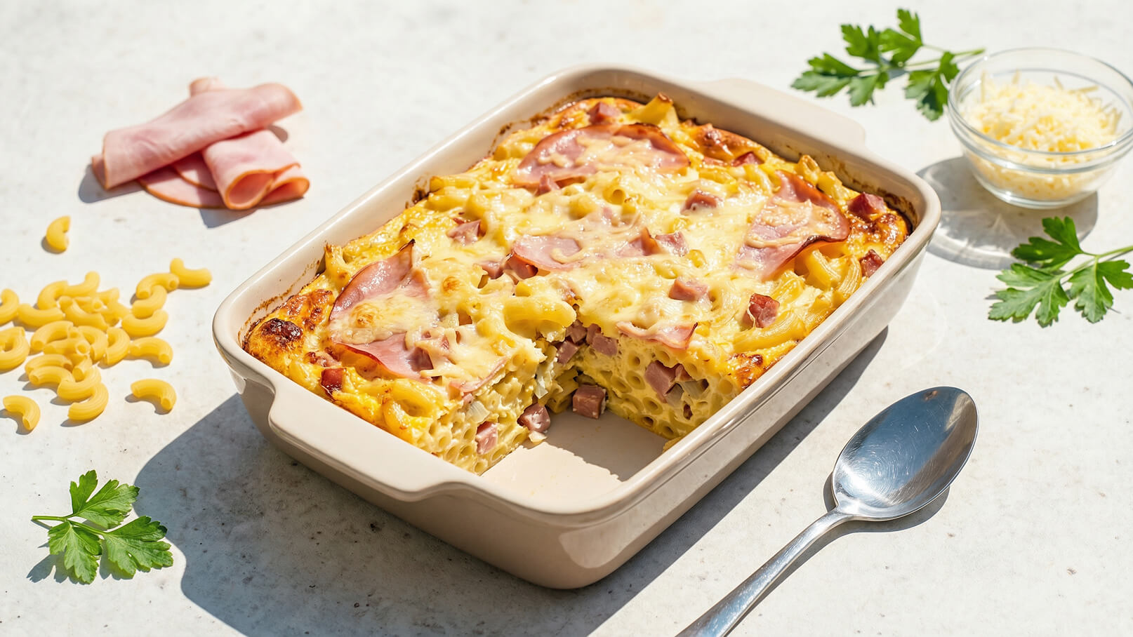 Eine Auflaufform mit einer Mischung aus Nudeln, Schinken und geschmolzenem Käse. Ein Stück wurde entnommen, und die goldene, knusprige Oberseite ist deutlich sichtbar. Neben der Form liegen einige ungekochte Nudeln und frische Kräuter.