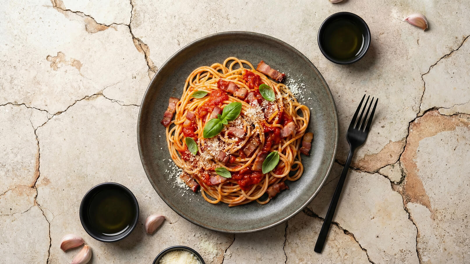 Ein Teller mit Spaghetti in Tomatensauce, garniert mit frischem Basilikum und Parmesan. Daneben befinden sich kleine Schalen mit Olivenöl und Knoblauchzehen sowie eine schwarze Gabel. Der Untergrund ist eine helle, strukturierte Oberfläche.