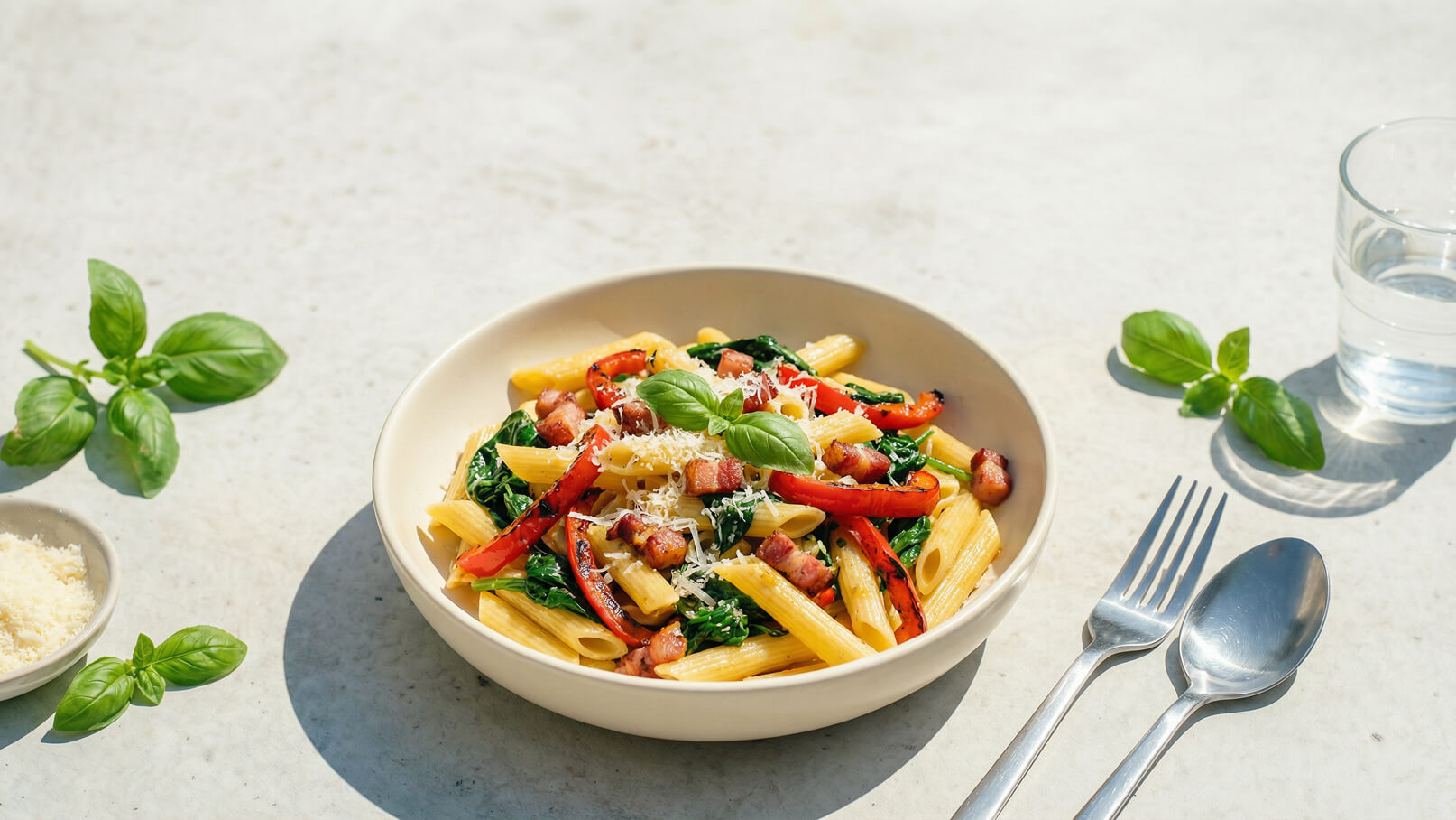 Ein Teller mit Pasta, Gemüse wie roten Paprika und Spinat, und einer Portion Speck. Das Gericht ist mit geriebenem Käse und frischen Basilikumblättern garniert. Daneben sind Besteck und ein Glas Wasser platziert.