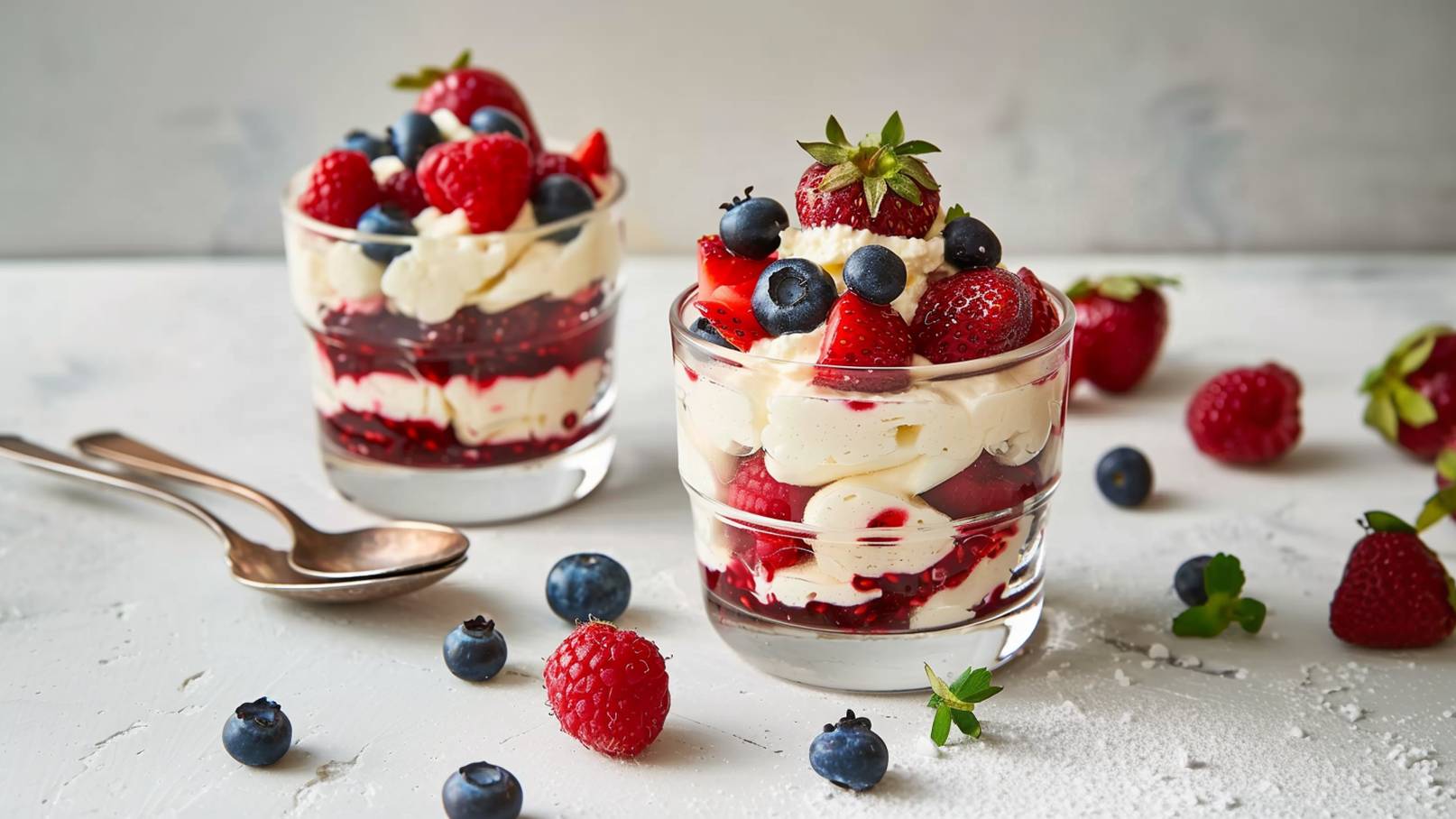 Zwei Gläser Dessert mit Schichten aus Sahne, Beeren und fruchtiger Soße. Oben sind frische Erdbeeren, Himbeeren und Heidelbeeren dekoriert. Rund um die Gläser liegen einige lose Beeren auf einem hellen Untergrund.