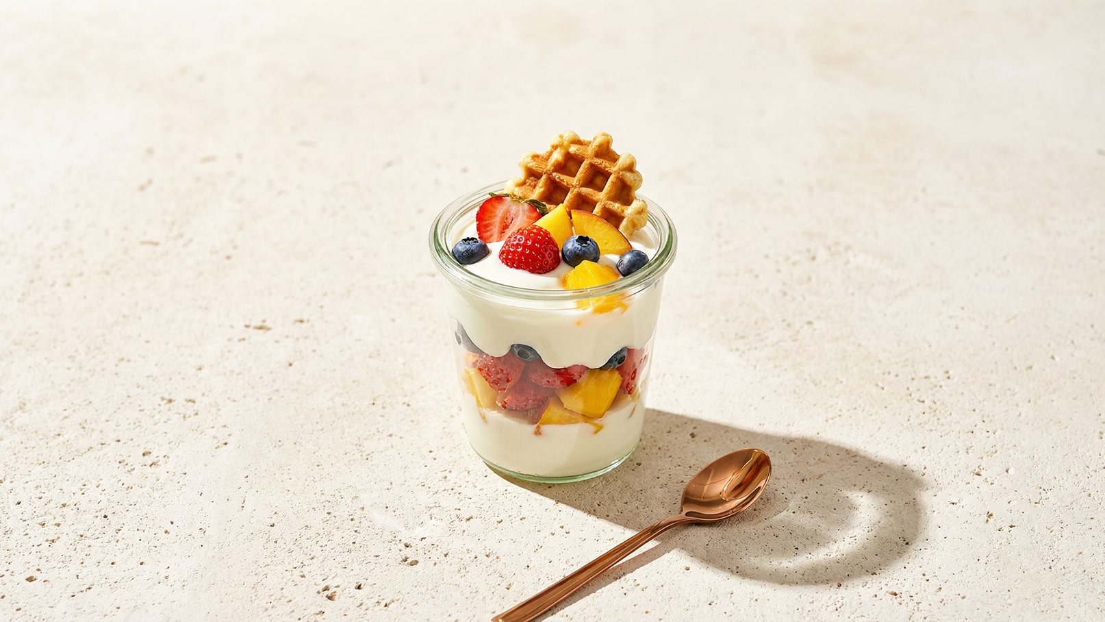 Ein Glas mit Joghurt, geschichtet mit frischen Erdbeeren, Mango und Heidelbeeren, sowie einem kleinen Waffelstück obenauf. Neben dem Glas liegt einen goldfarbenen Löffel auf einer hellen Oberfläche.