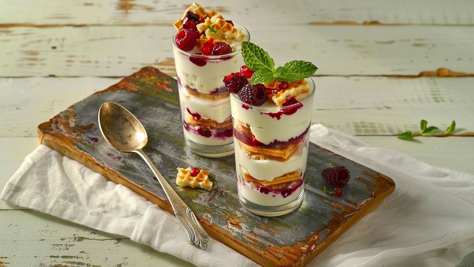 Zwei Gläser mit schichtweise angeordnetem Dessert aus Joghurt, Beeren und Waffeln, garniert mit Minze. Die Gläser stehen auf einem rustikalen Tisch. Ein Silberlöffel liegt neben den Desserts auf einem Holzbrett.