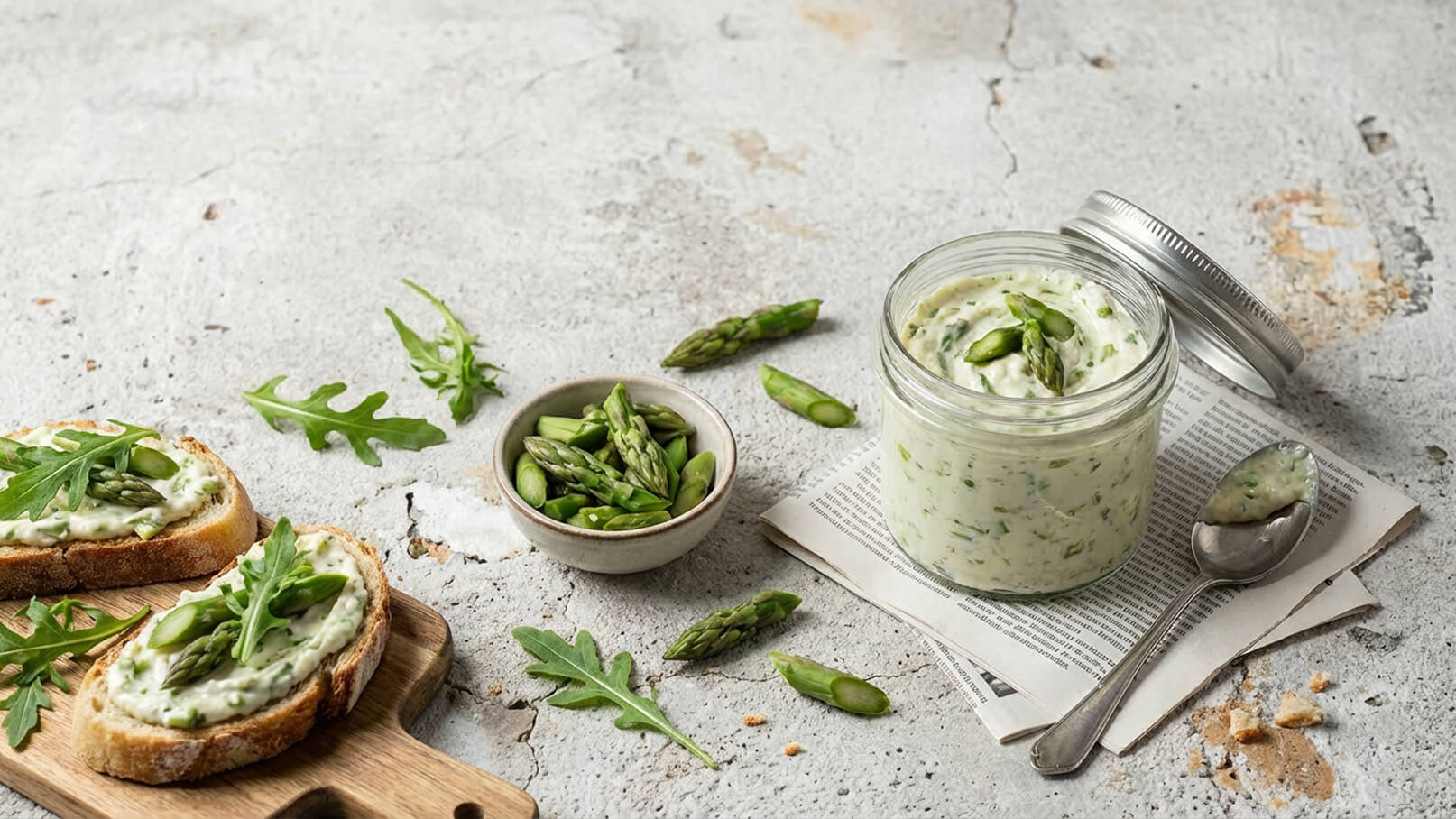Ein Glas mit frischer, grüner Spargelcreme steht auf einer Zeitung. Daneben liegen zwei mit der Creme bestrichene Brotscheiben, garniert mit Spargelstückchen und Rucola. Im Hintergrund sind einige frische Spargelstangen und Rucola-Blätter verteilt.