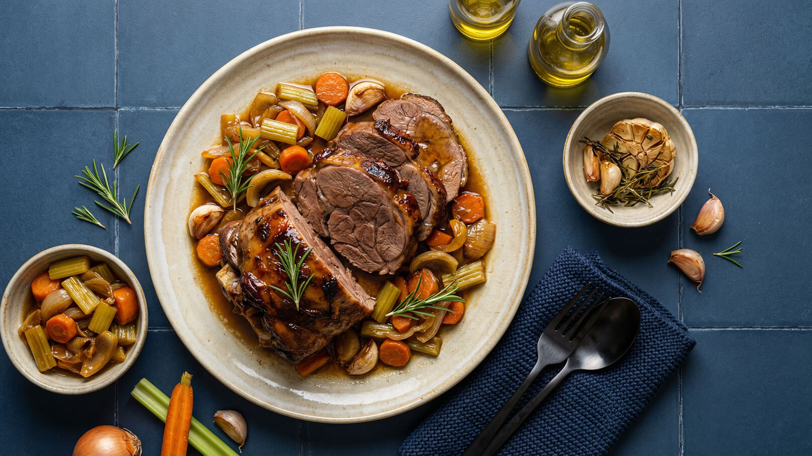 Ein Teller mit einem saftigen, gebratenen Stück Fleisch, umgeben von Karotten, Sellerie und Zwiebeln in einer aromatischen Soße. Frische Kräuter und etwas Knoblauch ergänzen das Gericht. Daneben befindet sich eine Schale mit ähnlichem Gemüse. Ein schwarzes Besteck liegt bereit.