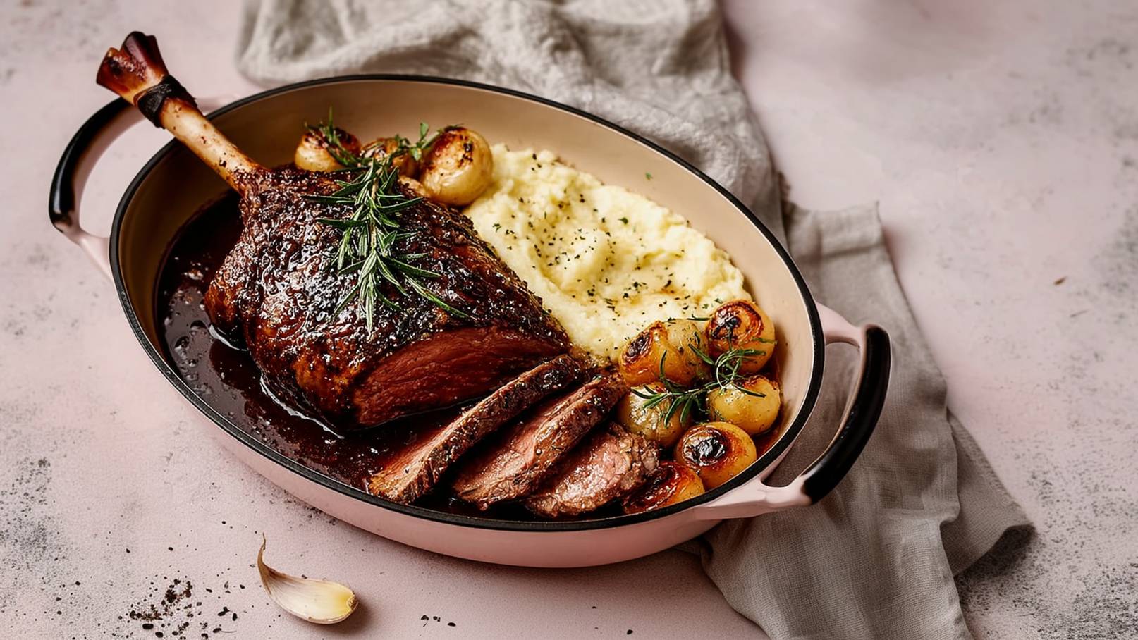 Ein zartes Stück Fleisch mit aromatischen Kräutern liegt in einer Schüssel. Daneben sind cremiger Kartoffelbrei und goldbraun geröstete Zwiebeln angerichtet. Der Hintergrund ist schlicht und verstärkt den Fokus auf dem köstlichen Gericht.