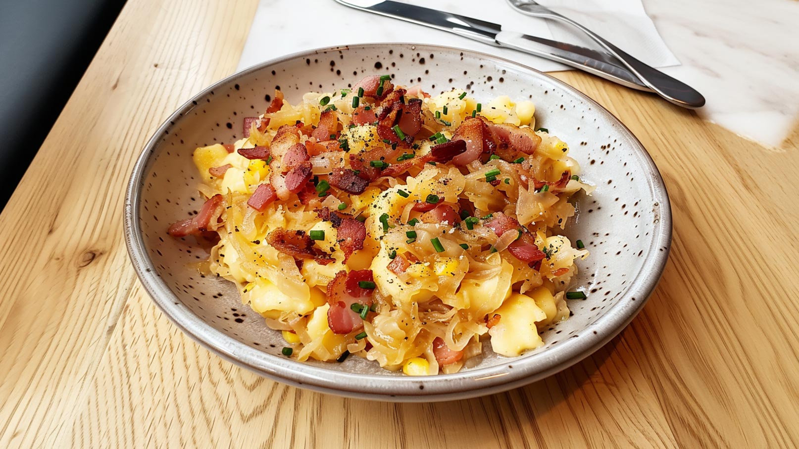 Eine flache Schüssel mit einer herzhaften Nudelspeise, die mit gebratenem Speck, Zwiebeln und frischen Schnittlauch garniert ist. Die Nudeln sind gelblich und umgeben von einer weißen, cremigen Sauce. Der Teller liegt auf einer Holzoberfläche.