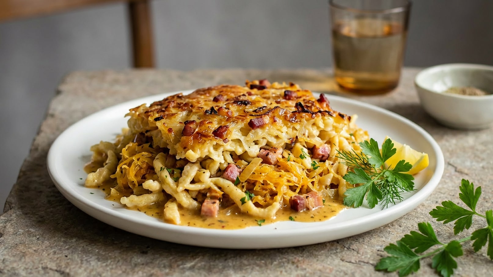 Ein Teller mit einer herzhaften Nudelgericht, das aus einer goldbraunen, knusprigen Schicht und darunter zarten Nudeln und Fleischstückchen besteht. Es ist auf einem rustikalen Untergrund angerichtet und von frischen Kräutern garniert. Im Hintergrund ist ein Glas Wasser zu sehen.