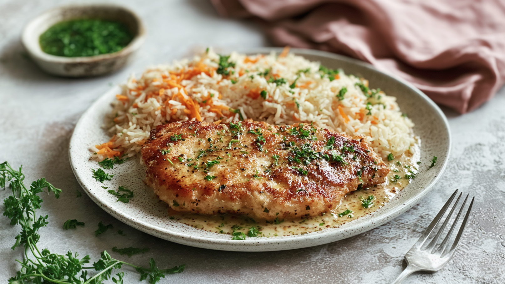 Auf dem Bild ist ein Teller mit einer knusprig gebratenen Hühnerbrust zu sehen, die in einer hellen Soße liegt. Daneben befindet sich eine Portion Reis mit Karottenstückchen. Das Gericht ist mit frischer Petersilie garniert, und eine Gabel liegt am Rand des Tellers.