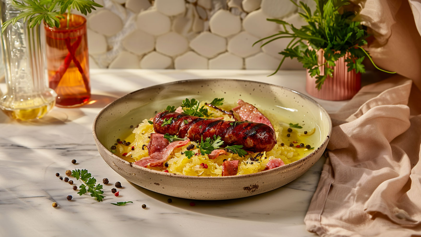 Ein Teller mit, auf einem Bett aus Sauerkraut, einer gegrillten Wurst, umgeben von Stückchen Schinken und frischen Kräutern. Die Szene wird von sanftem Licht beleuchtet, während im Hintergrund dekorative Elemente sichtbar sind.