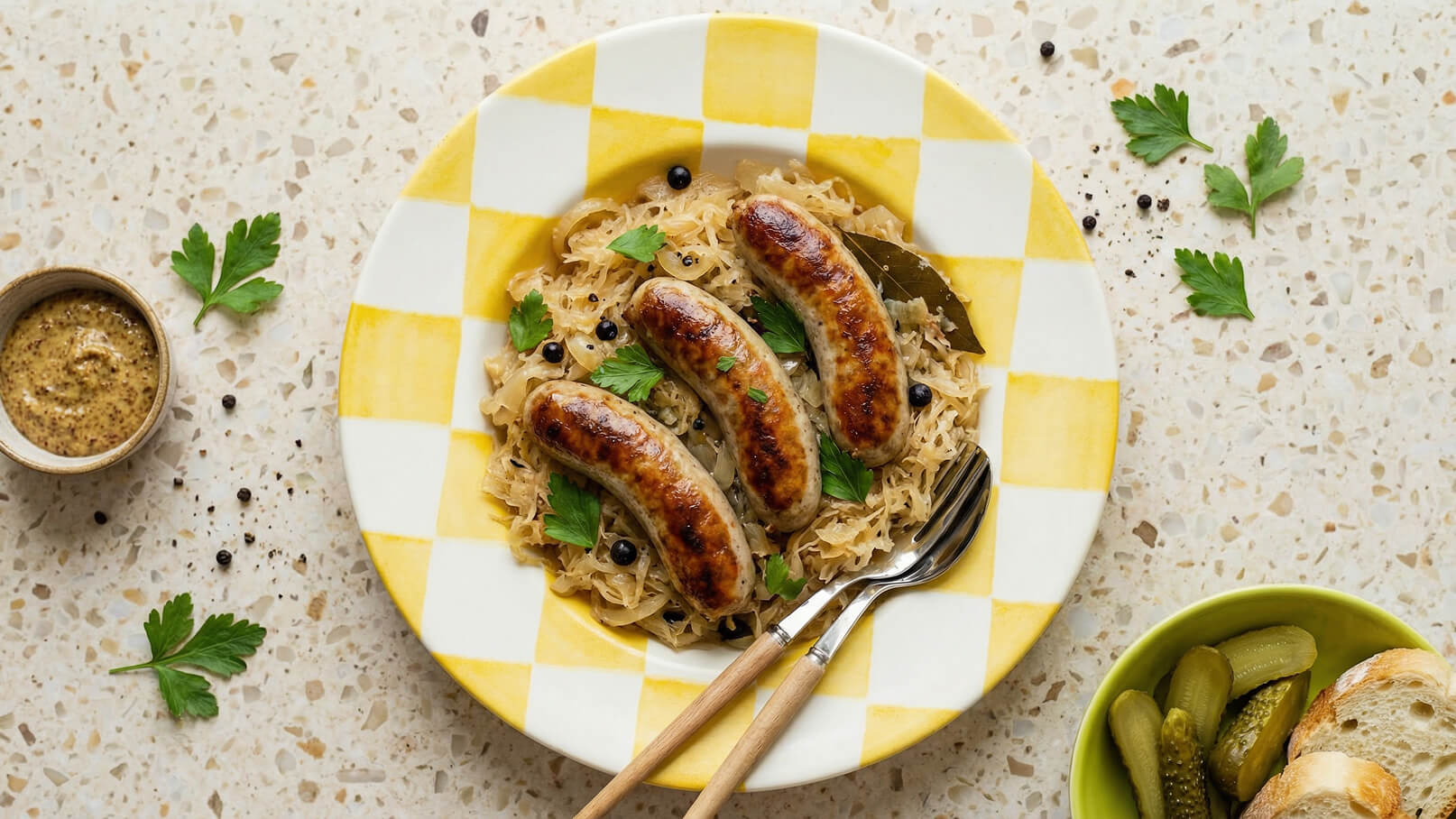 Ein Teller mit Sauerkraut und drei gebratenen Würstchen, garniert mit frischer Petersilie. Neben dem Teller befindet sich ein kleiner Behälter mit Senf und einige Gewürze. Im Hintergrund sind eine Schüssel mit Essiggurken und einige Brotscheiben sichtbar.