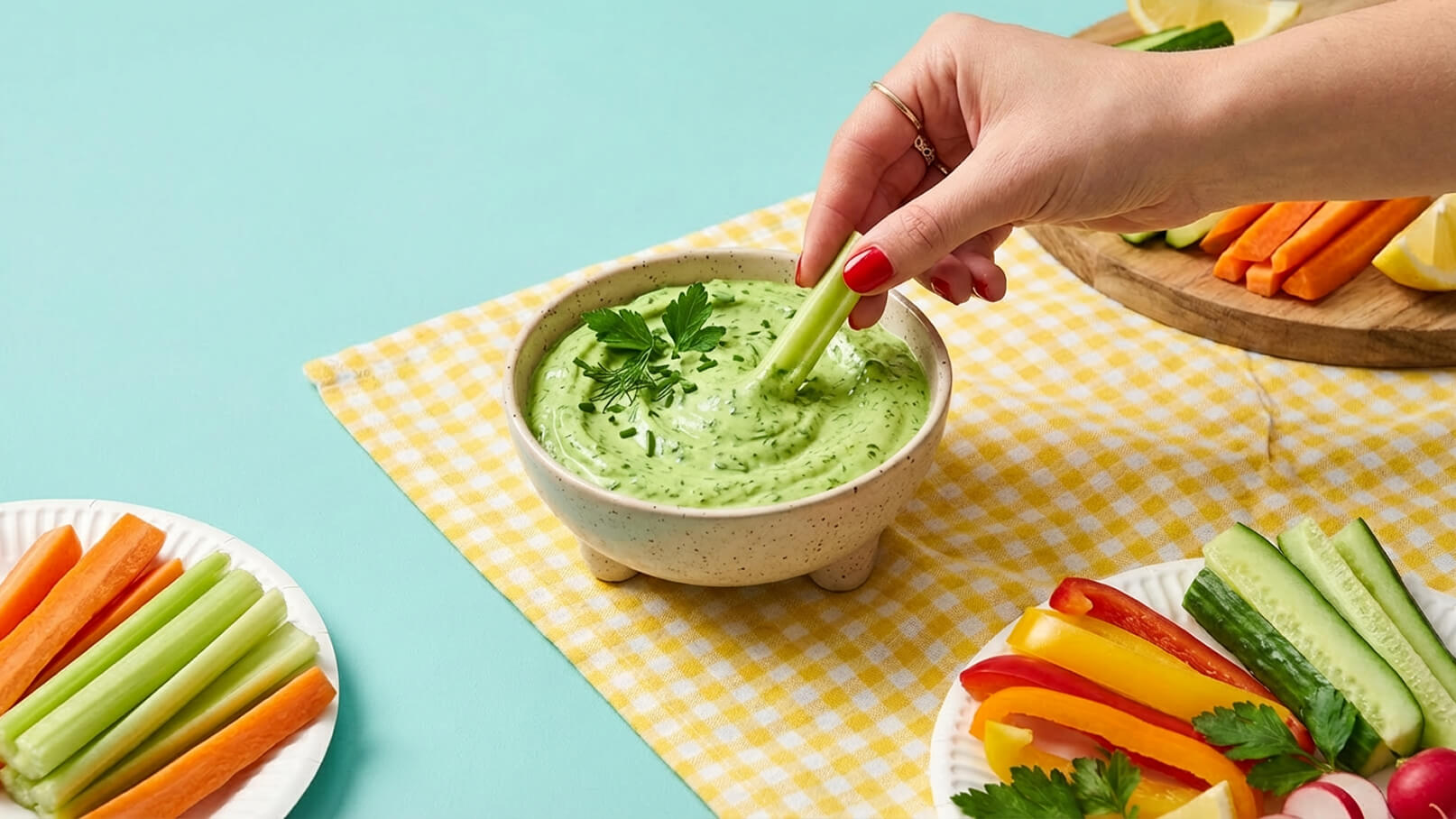 Eine Hand mit rotem Nagellack taucht einen Selleriestick in eine grüne, cremige Dipsauce. Die Sauce ist in einer kleinen Schüssel serviert und mit frischen Kräutern garniert. Im Hintergrund sind bunte Gemüsesticks auf Tellern zu sehen.