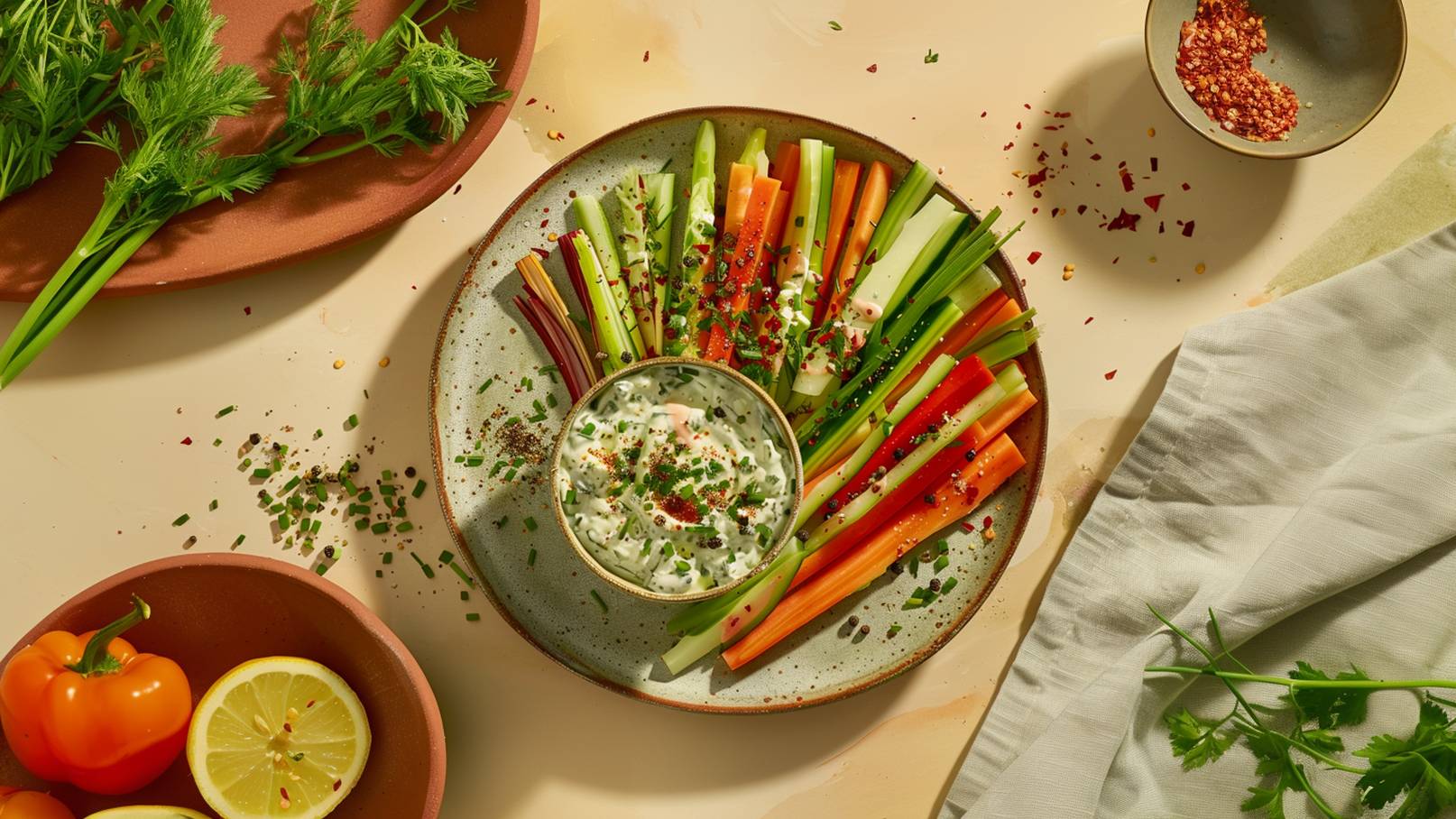 Eine ansprechend angerichtete Platte mit buntem Rohgemüse, darunter Karotten, Sellerie und Paprika, umrahmt von frischem Schnittlauch. In der Mitte befindet sich eine Schüssel mit Kräuterdip, der mit Gewürzen bestreut ist. Der Hintergrund ist hell und neutral.