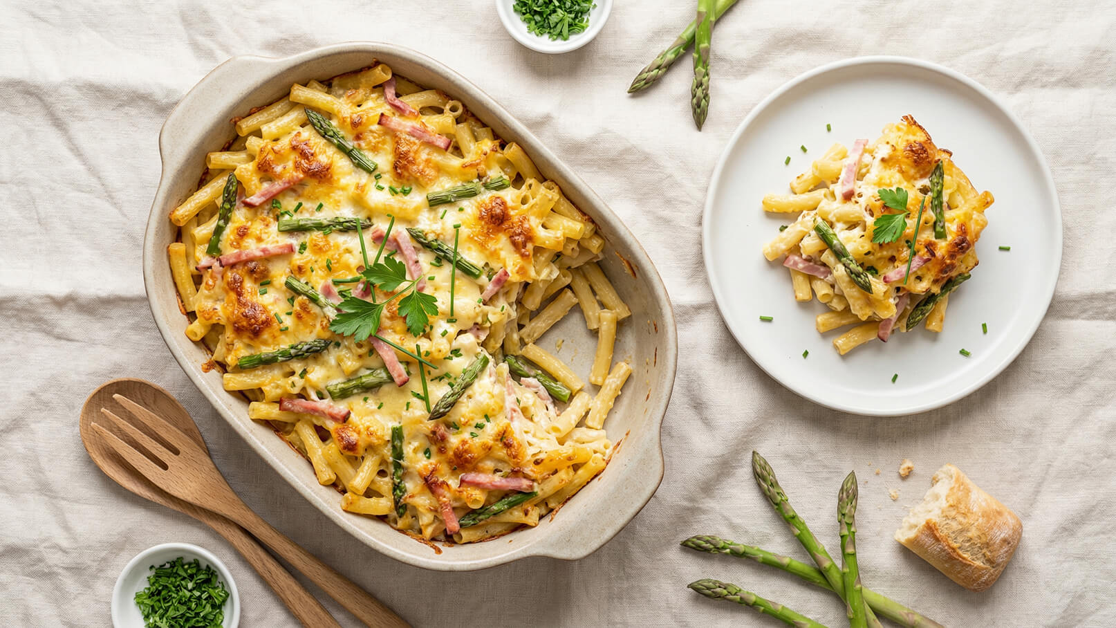 Ein Auflauf aus Röhrennudeln, belegt mit grünem Spargel und Schinken, überbacken mit Käse. Auf einem separaten Teller liegt eine Portion des Auflaufs, garniert mit frischer Petersilie. Daneben sind einige frische Spargelstangen und ein Stück Brot sichtbar.