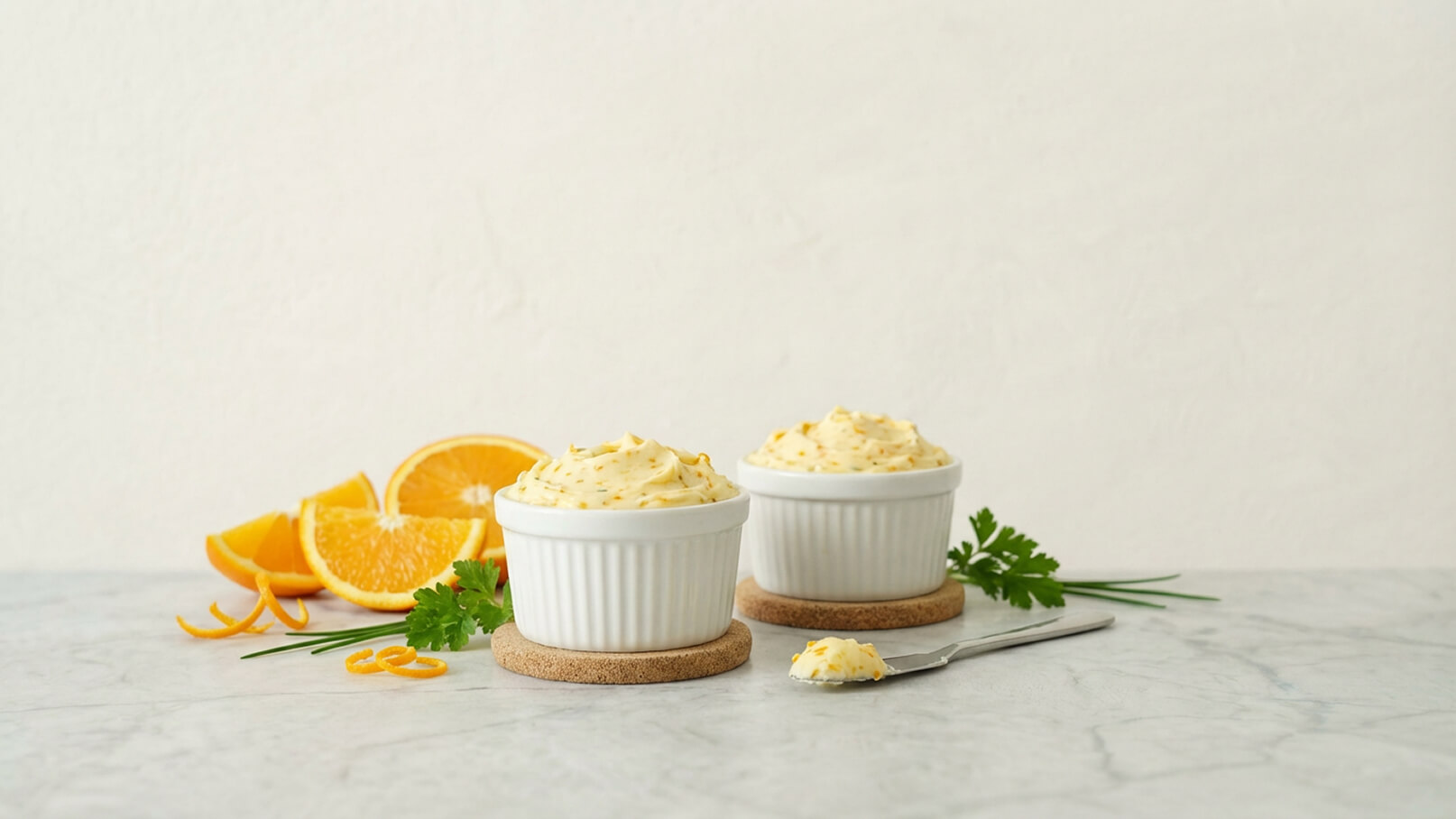 Zwei weiße Schüsseln mit cremiger, hellgelber Butter stehen auf einem Tisch. Neben ihnen liegen frische Orangenscheiben und ein Kräuterzweig. Ein Teelöffel mit Butter befindet sich auf dem Tisch, wobei der Hintergrund hell und neutral ist.