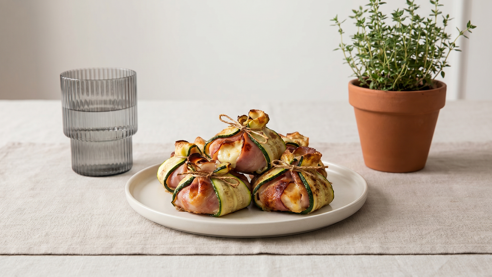 Auf einem weißen Teller liegen mehrere sorgfältig verpackte Knödel, umhüllt von Zucchinistreifen und mit Speck umwickelt. Daneben steht ein Glas Wasser und ein Blumentopf mit frischem Thymian. Der Hintergrund ist schlicht und neutral gehalten.