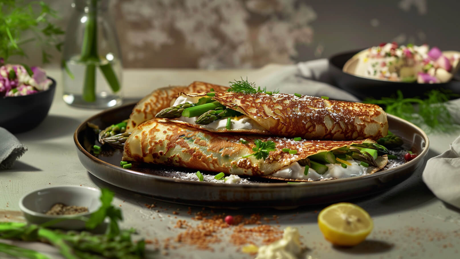Auf einem dunklen Teller liegen gefüllte Pfannkuchen mit Spargel und einer cremigen Sauce. Die Pfannkuchen sind goldbraun und mit frischem Schnittlauch garniert. Im Hintergrund sind eine Vase mit Wasser und Blumen, sowie ein weiterer Teller mit einem Salat zu sehen.