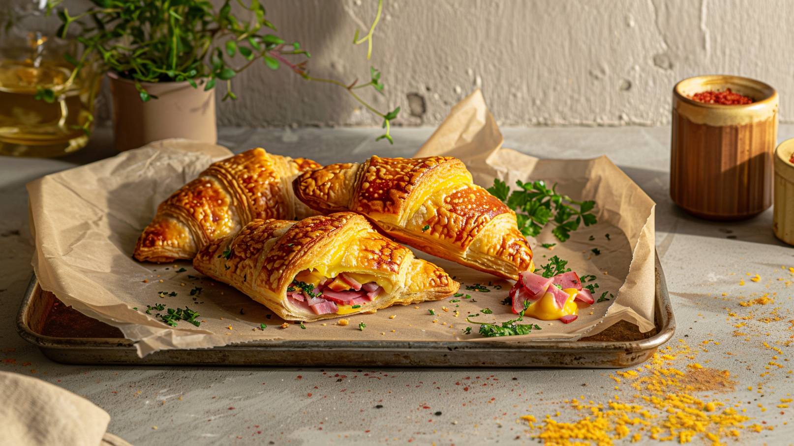 Auf einem Blech liegen mehrere goldbraune, gefüllte Croissants mit Schinken und Käse. Sie sind auf Backpapier platziert, umgeben von frischen Kräutern und einem kleinen Klecks Senf. Die Szenerie vermittelt eine appetitliche Atmosphäre.