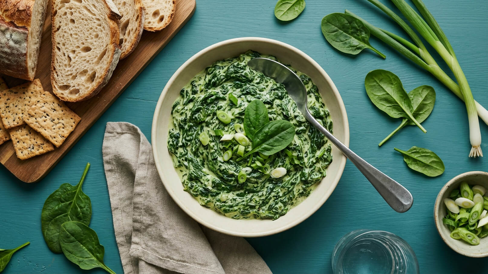 In einer Schale befindet sich eine grüne Spinatspeise, dekoriert mit frischen Schnittlauchstücken und Spinatblättern. Daneben liegen Scheiben von Brot und Cracker auf einem Holzbrett. Der Hintergrund ist in einer hellblauen Farbe gehalten.