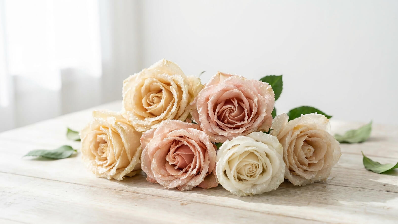Eine Gruppe von sechs Rosen in sanften Farbtönen, darunter Creme, Rosa und Blassgelb. Die Rosen sind mit einer Zuckerglasur verziert, die ihnen ein elegantes Aussehen verleiht. Sie liegen auf einem hellen Holzuntergrund, umgeben von einzelnen grünen Blättern.