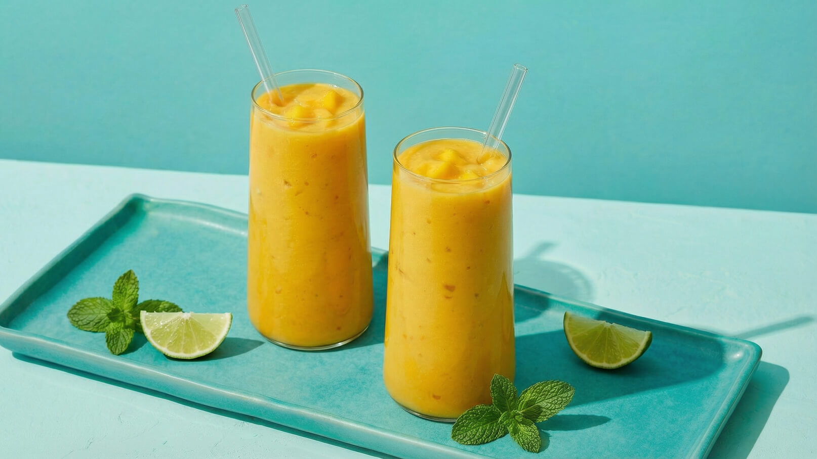 Zwei hohe Gläser mit einem orangefarbenen Mango-Smoothie stehen auf einem türkisfarbenen Tablett. Neben den Gläsern liegt eine Limettenscheibe und frische Minzblätter. Die Gläser sind mit Trinkhalmen versehen. Die gesamte Komposition vermittelt ein erfrischendes, tropisches Gefühl.