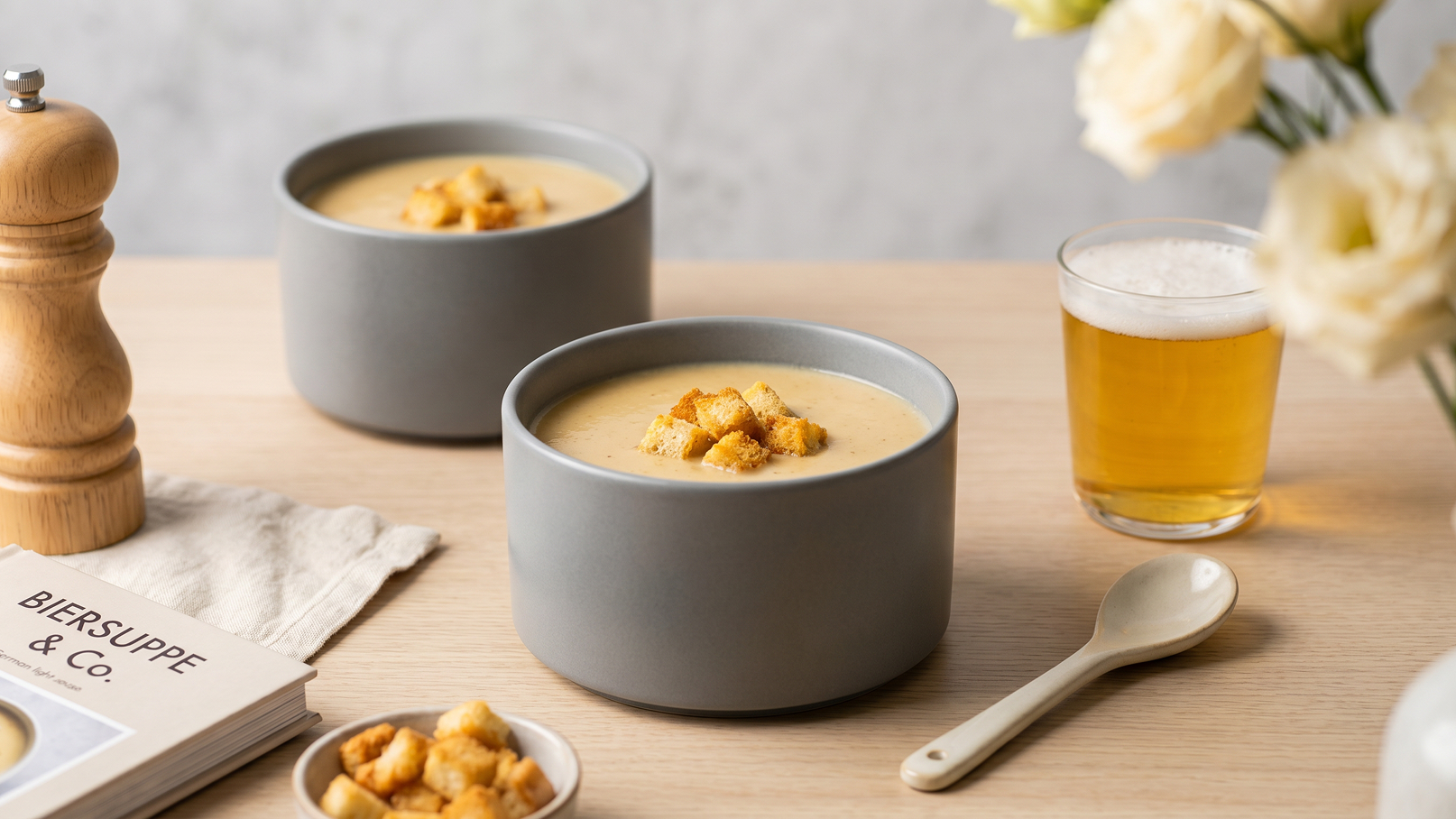 Zwei Schalen mit cremiger Biersuppe, garniert mit knusprigen Croutons, stehen auf einem Holztisch. Zum Menü gehört ein Glas Bier und ein Löffel. Eine Kochzeitschrift mit dem Titel "BIERSUPPE & CO." liegt daneben. Blumen sind leicht unscharf im Hintergrund zu sehen.