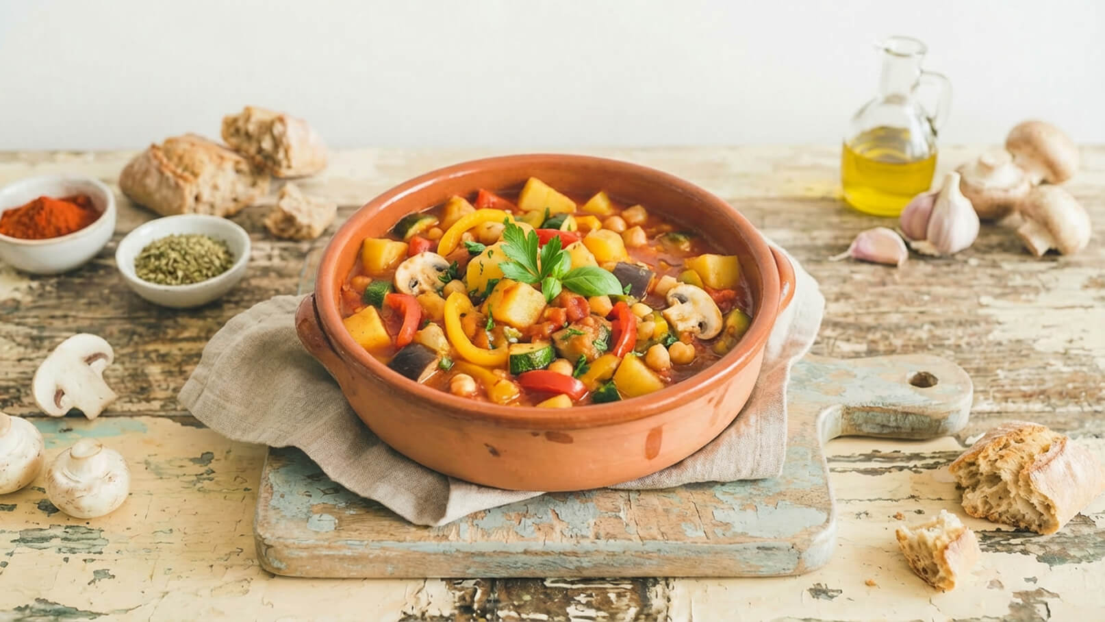 Eine rustikale Schüssel mit Gemüsegericht, gefüllt mit bunten Stücken von Paprika, Zucchini, Kartoffeln, und Kichererbsen, garniert mit frischen Kräutern. Die Schüssel steht auf einem Holzbrett, umgeben von einigen Zutaten wie Pilzen und Gewürzen.