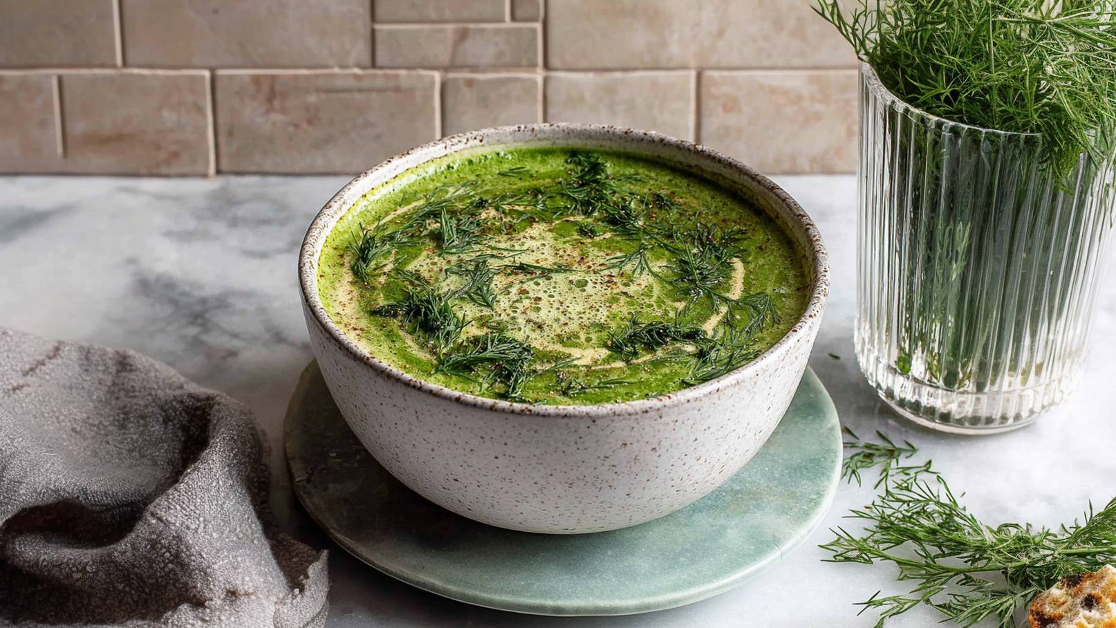 Eine große Schüssel mit grüner Suppe, dekoriert mit frischem Dill. Die Suppe hat eine cremige Textur und ist auf einem runden Teller platziert. Im Hintergrund steht ein Glas mit frischem Dill.