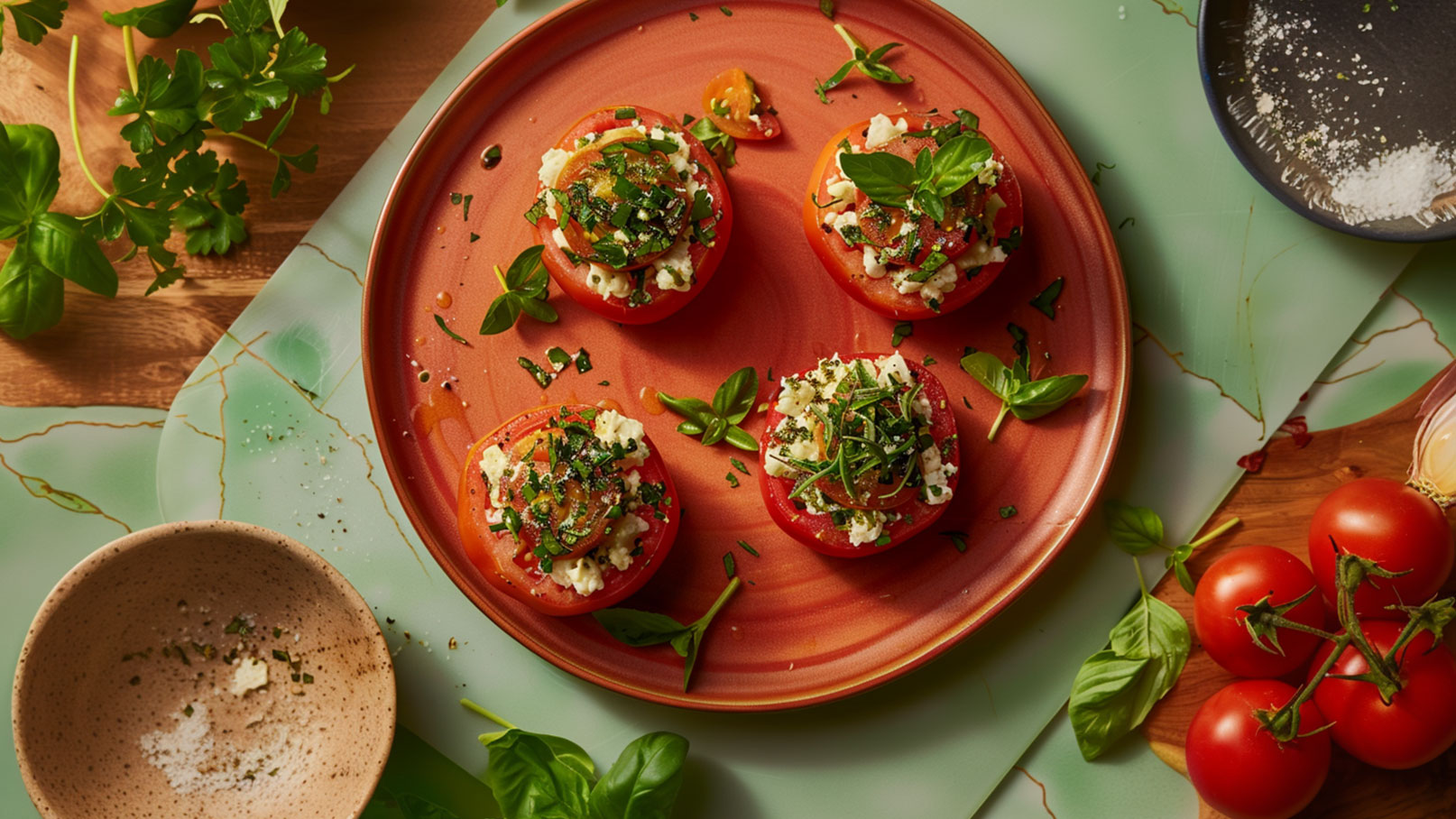 Ein roter, runder Teller mit vier gefüllten Tomaten, die mit Kräutern und Käse dekoriert sind. Die Tomaten sind auf einer grünen Unterlage angeordnet, umgeben von frischem Basilikum und weiteren Tomaten.
