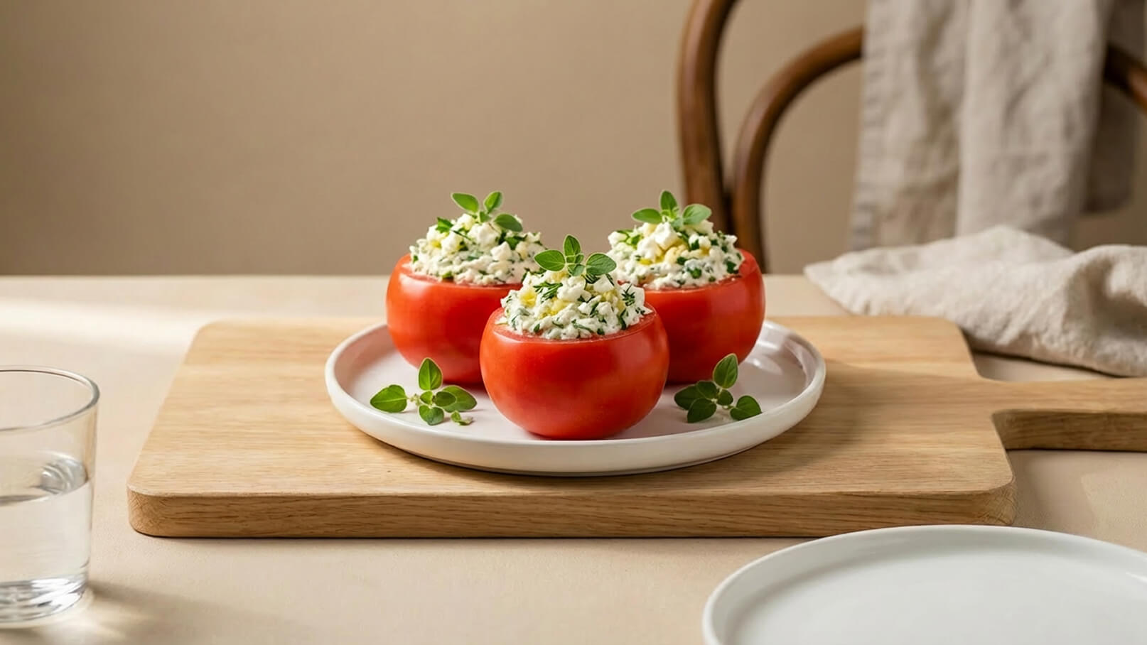Drei gefüllte Tomaten stehen auf einem weißen Teller. Die Tomaten sind mit einer Mischung aus Kräutern und Käse gefüllt und mit kleinen grünen Blättern dekoriert. Der Hintergrund zeigt einen Holzbrett und eine zerknitterte Stoffserviette.