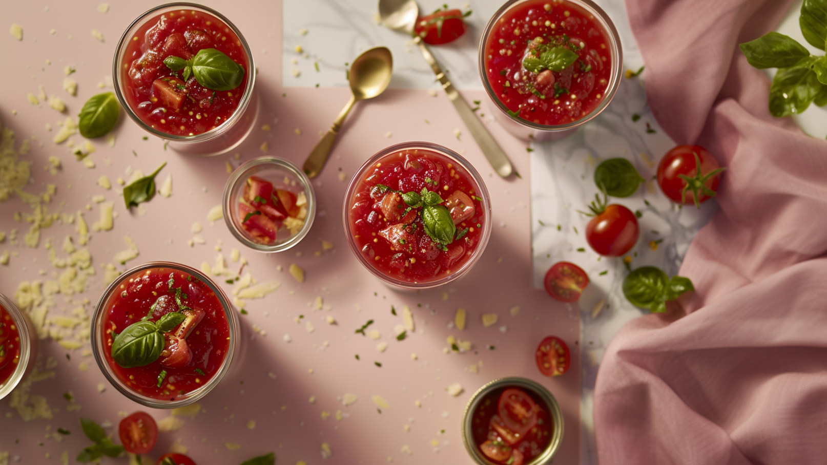 Eine Anordnung von Gläsern mit frischem Tomatensalat, garniert mit Basilikumblättern. Um die Gläser liegen frische Tomaten und kleine Schalen mit gewürfelten Tomaten. Der Hintergrund ist rosa und leicht verziert mit Kräutern. Einige Esslöffel sind ebenfalls sichtbar.