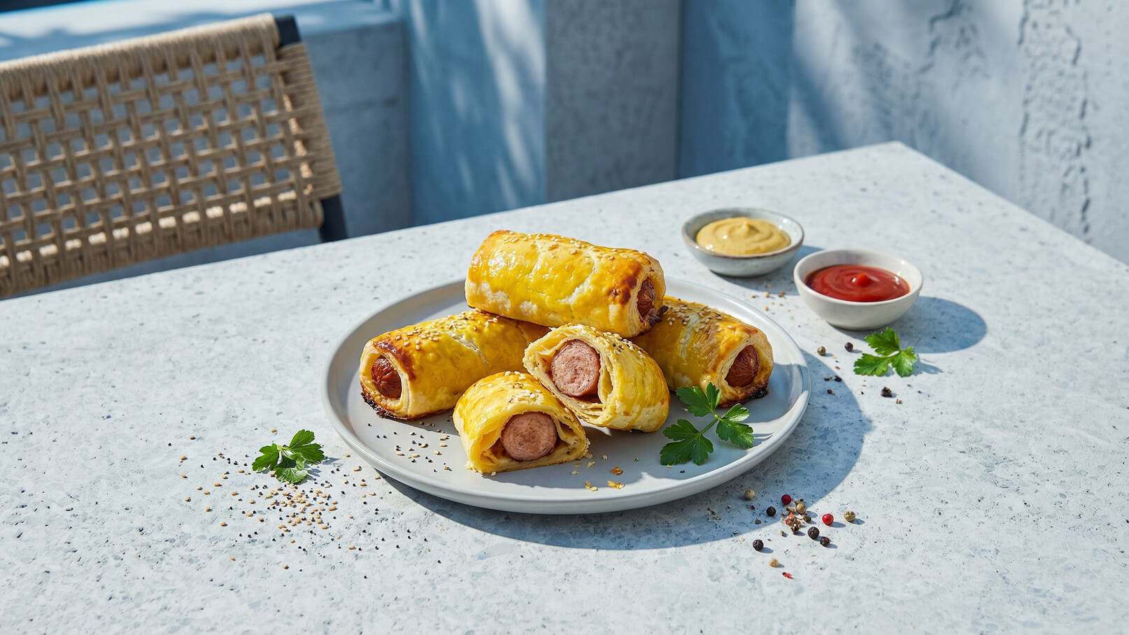 Ein Teller mit mehreren gebackenen Würstchen in Blätterteig, bestreut mit Sesam. Neben dem Teller befinden sich kleine Schalen mit Senf und Ketchup sowie einige Kräuter. Die Szene ist hell und ansprechend auf einem Tisch platziert.