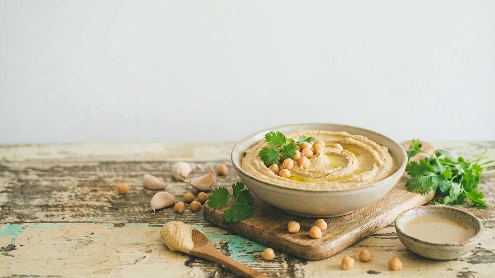 Ein Holzbrett trägt eine Schale mit Hummus, garniert mit Kichererbsen und frischem Koriander. Neben der Schale liegt ein kleiner Teller mit Tahini. Im Hintergrund sind einige Knoblauchzehen und weitere Kichererbsen zu sehen.