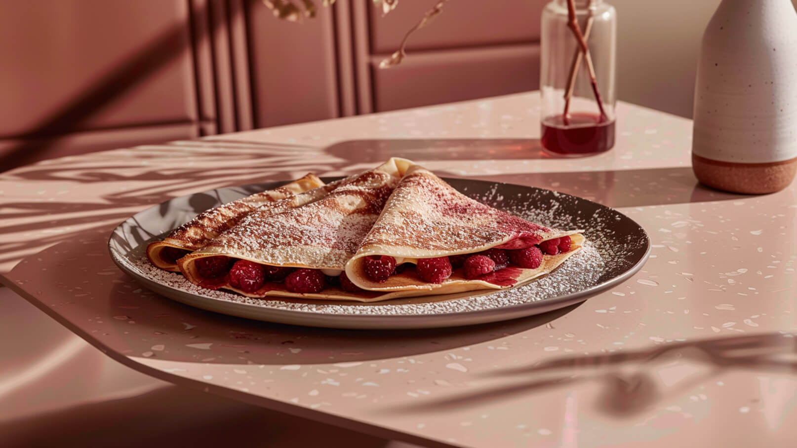 Ein Teller mit drei gefüllten Crêpes, die mit frischen Himbeeren belegt sind. Die Crêpes sind mit Puderzucker bestäubt. Der Teller steht auf einem rosa Tisch, umgeben von sanften Schatten.