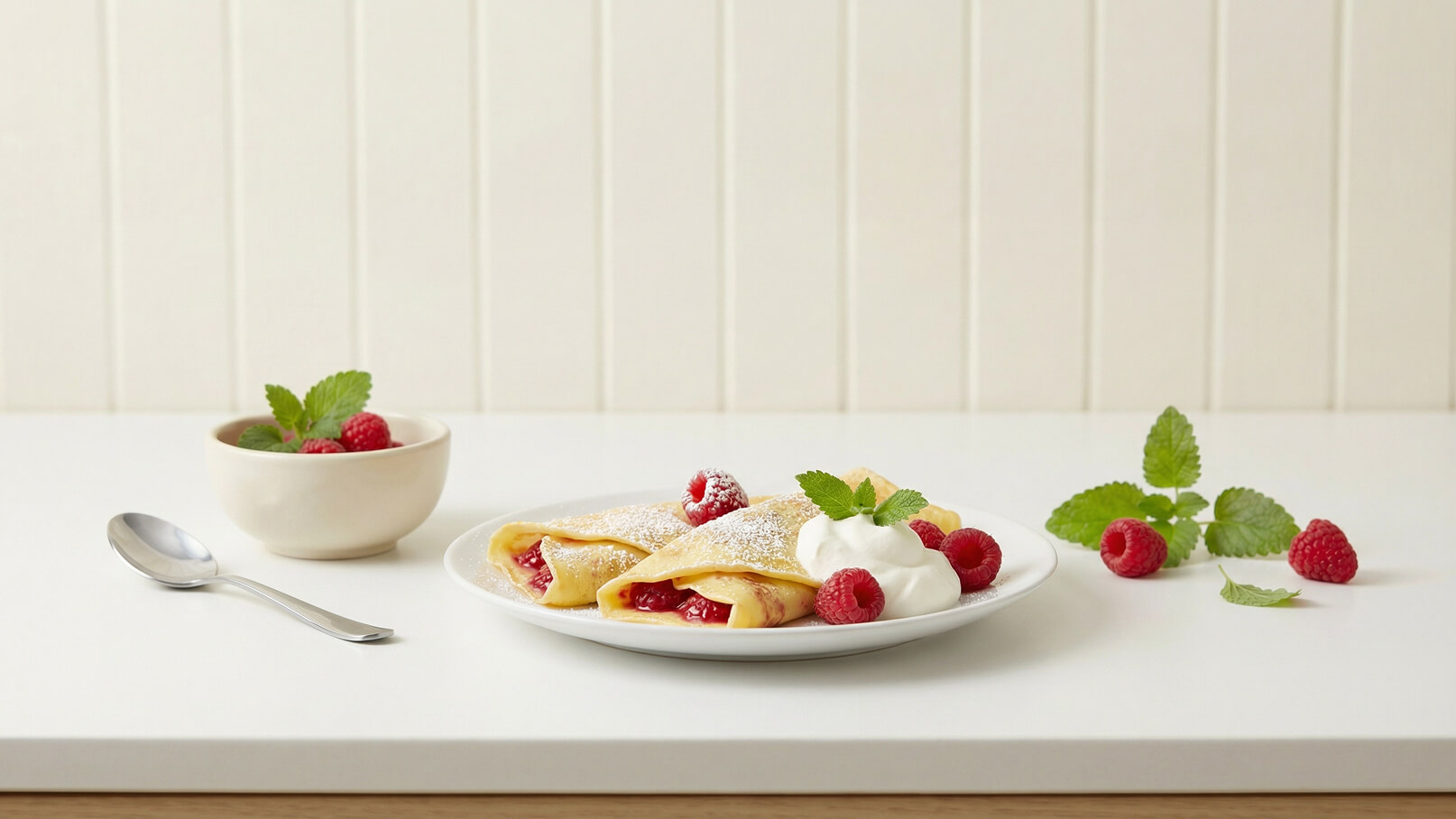 Ein Teller mit gefüllten Crêpes, bestäubt mit Puderzucker, liegt auf einem Tisch. Neben den Crêpes sind frische Himbeeren und ein Klecks Sahne. Ein kleiner Schalen mit weiteren Himbeeren und Minzblättern steht daneben.