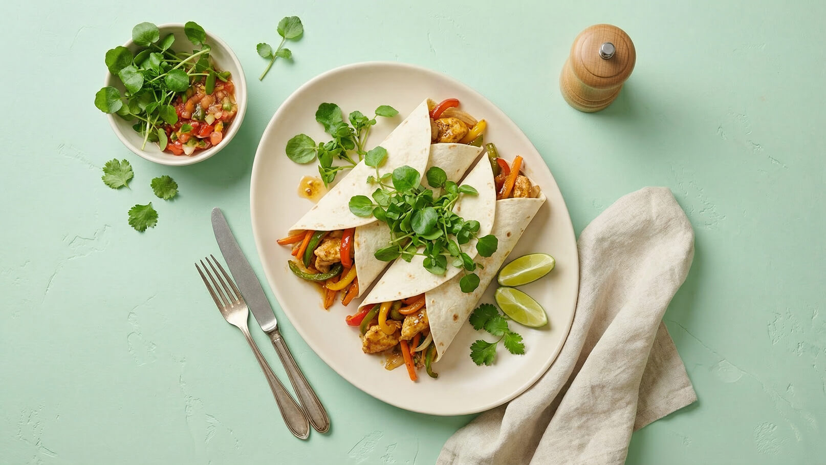 Ein Teller mit drei gefüllten Tortillas, umgeben von buntem Gemüse und frischen Kräutern. Neben dem Teller befindet sich eine Schüssel mit Salat, und Limettenscheiben sind ebenfalls auf dem Teller platziert. Der Hintergrund ist mintgrün.