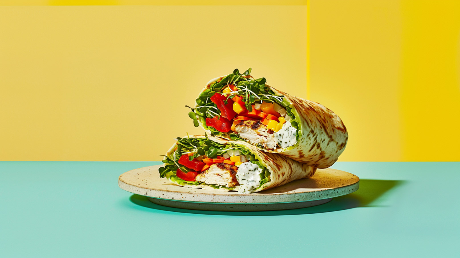 Ein auf einem Teller liegender, aufgerollter Wrap, gefüllt mit frischem Gemüse wie Paprika, Mais und Sprossen sowie Hühnerfleisch und einem Kräuter-Dip. Der Hintergrund ist in kräftigem Gelb und Türkis gehalten.