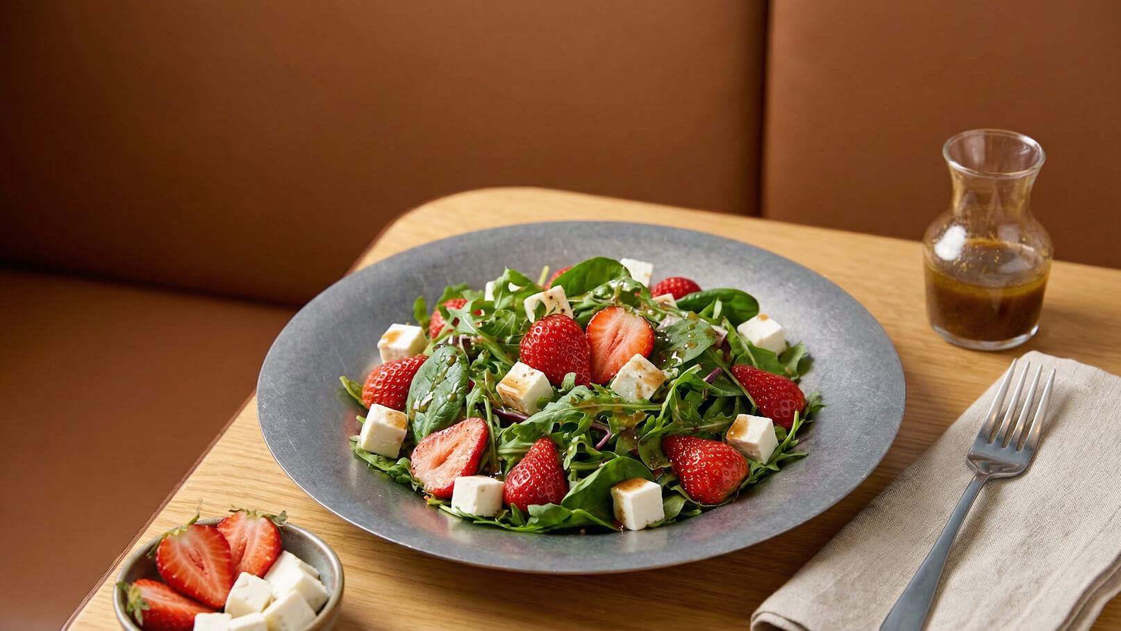 Ein salat aus frischem Rucola, Erdbeeren und Käsewürfeln, serviert auf einem grauen Teller. Daneben befindet sich eine kleine Schüssel mit weiteren Erdbeeren und Käse sowie ein Glas mit Dressing. Ein Besteckstück liegt auf einer serviette.