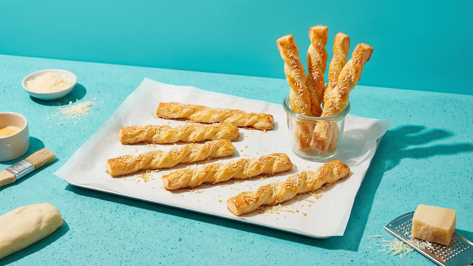 Auf dem Bild sind mehrere gebackene Teigstäbchen zu sehen, die goldbraun und mit Käse bestreut sind. Einige stehen in einem Glas, während andere auf einem Backpapier auf einem Blech liegen. Der Hintergrund ist in einem hellen Türkis gehalten.