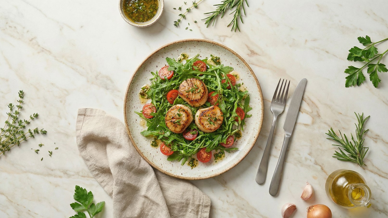 Ein Teller mit Rucolasalat, angerichtet mit halbierten Cherry-Tomaten und drei gebratenen Jakobsmuscheln. Das Gericht ist mit frischen Kräutern und einer würzigen Sauce verfeinert. Daneben liegen eine Gabel und ein Messer.