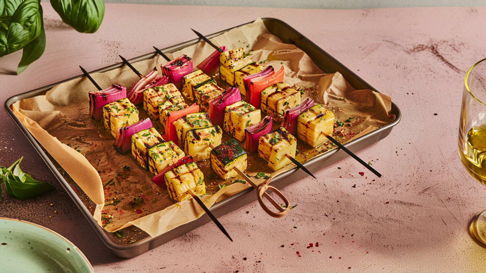 Auf einem Blech sind gegrillte Spieße mit buntem Gemüse und Käse angerichtet. Die Spieße bestehen aus grünen, roten und lila Zwiebeln sowie Käsewürfeln, die mit Kräutern gewürzt sind. Im Hintergrund steht ein Glas mit einer gelben Flüssigkeit.